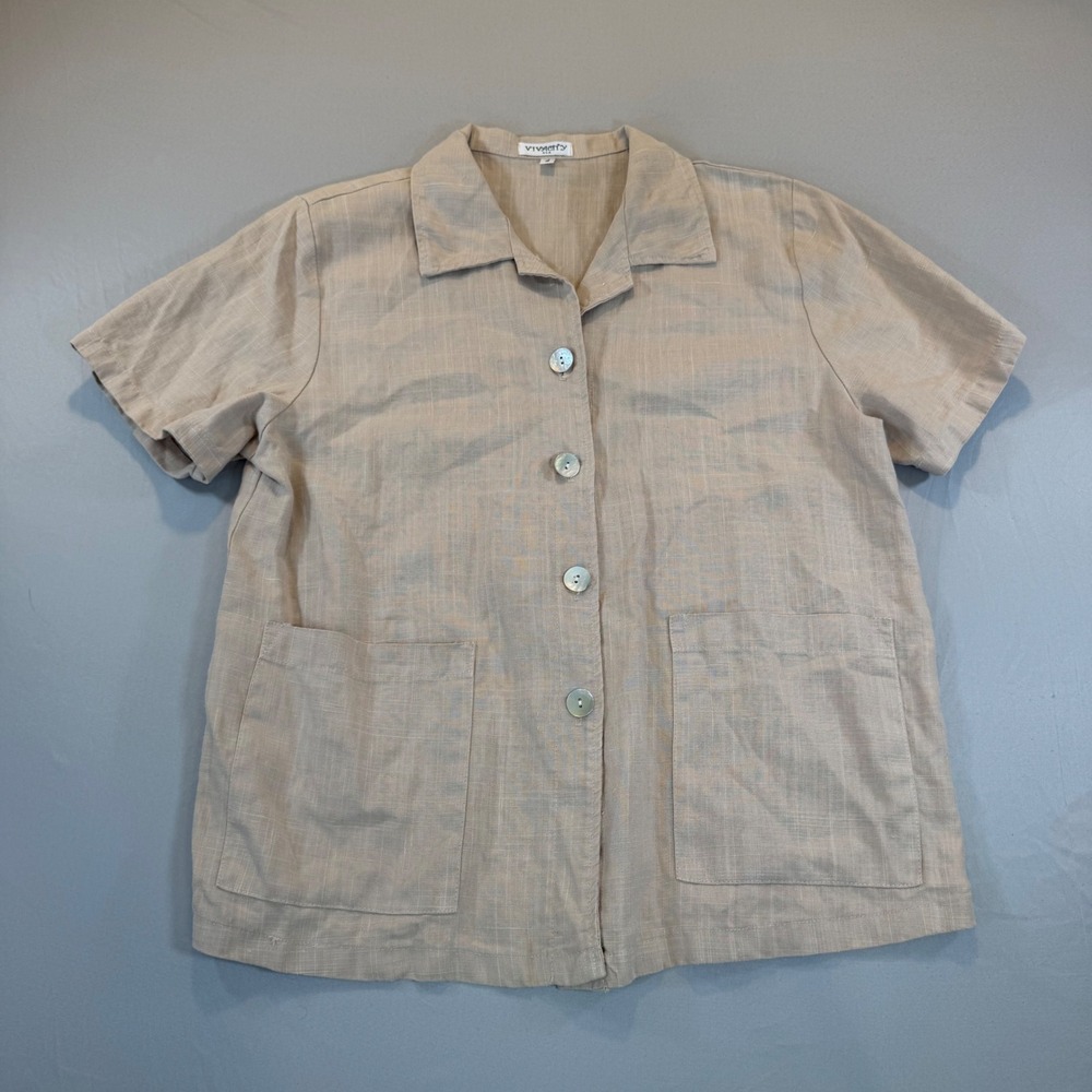 Vivacity USA Tan 100% Linen Button Down Womens Shirt Pockets Small Beachy Resort - Picture 1 of 6